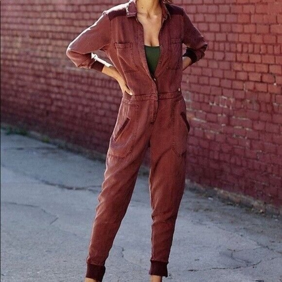 Free People Pants - FP Free People Movement Jupiter Utility Onesie Jumpsuit Small Jogger Red Brown